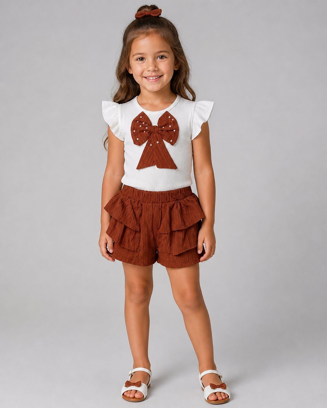 Bow Rust Brown Shorts Set - Girl (Ruffle Shorts)-08