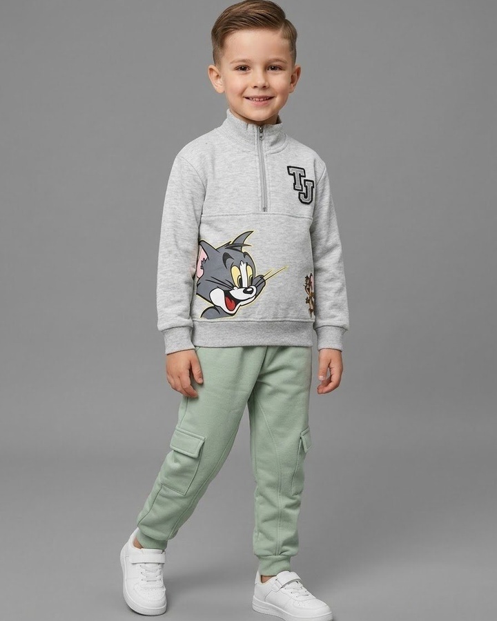 Tom & Jerry Half Zip Set Grey - Boy (Mint Green Cargo Pants)