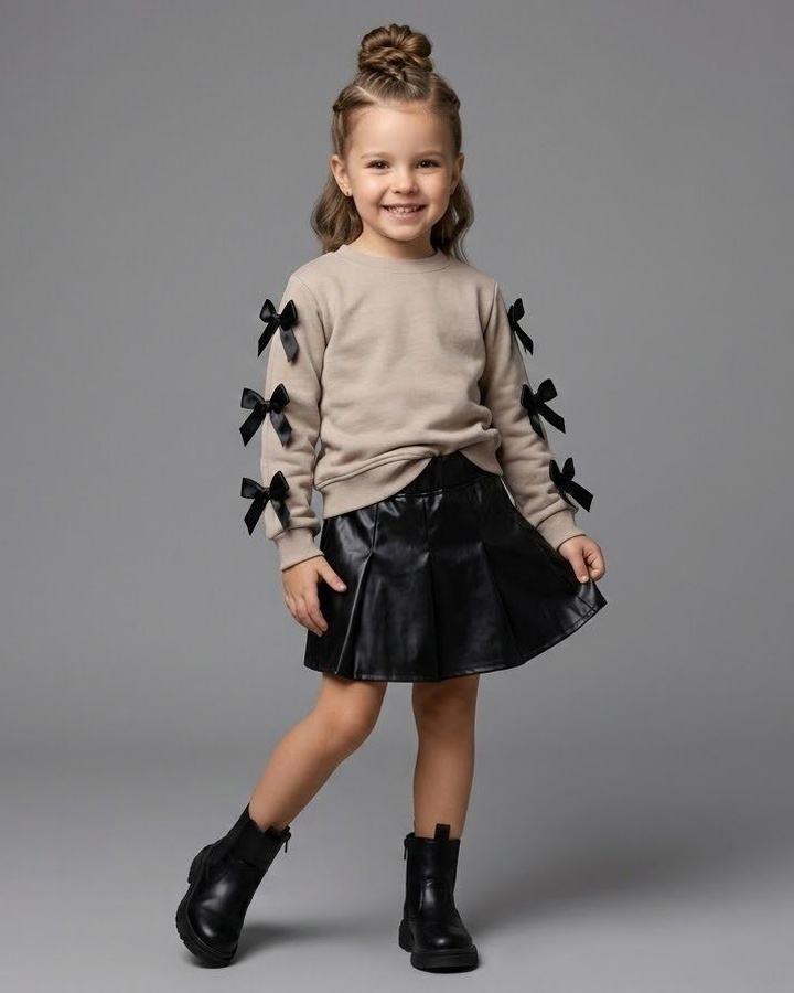 Sleeve Bows Set Beige - Girl (Black Leather Skirt)