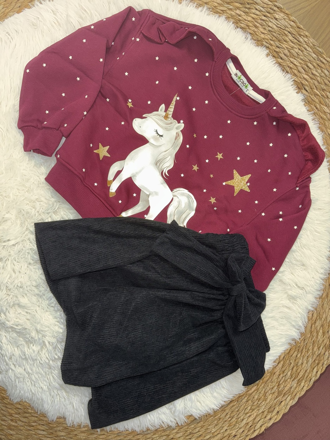 Unicorn Ruffle Set Maroon & Black - Girl (Unicorn Print)
