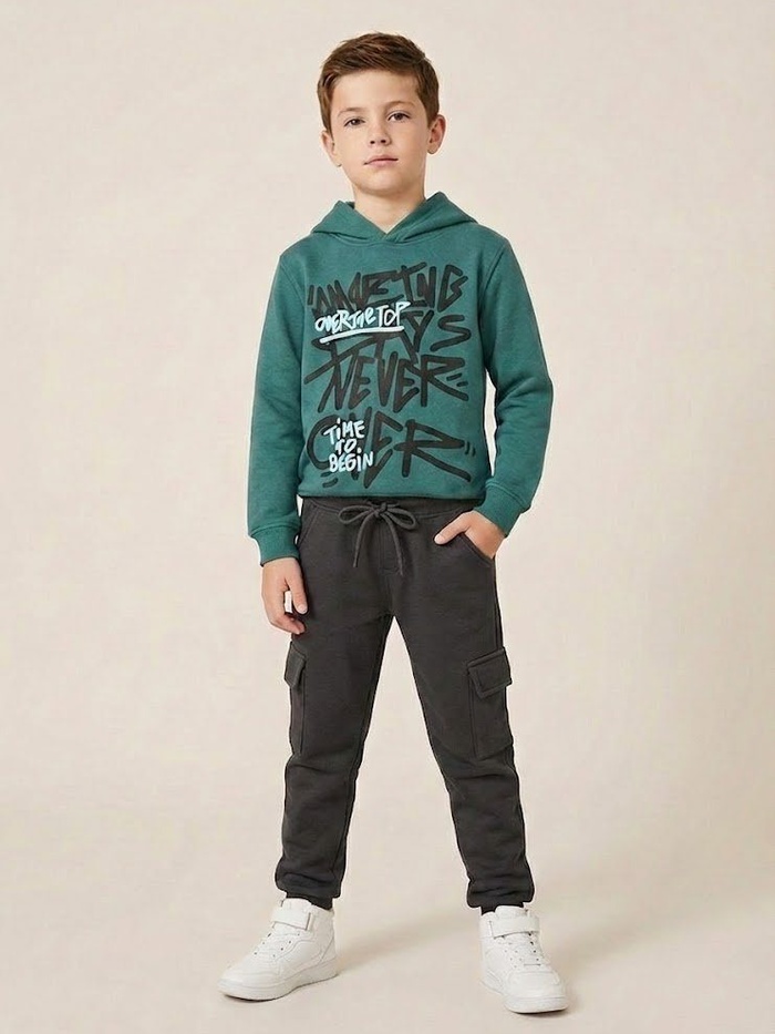 Typography Green Hoodie - Boy (Dark Grey Pants)