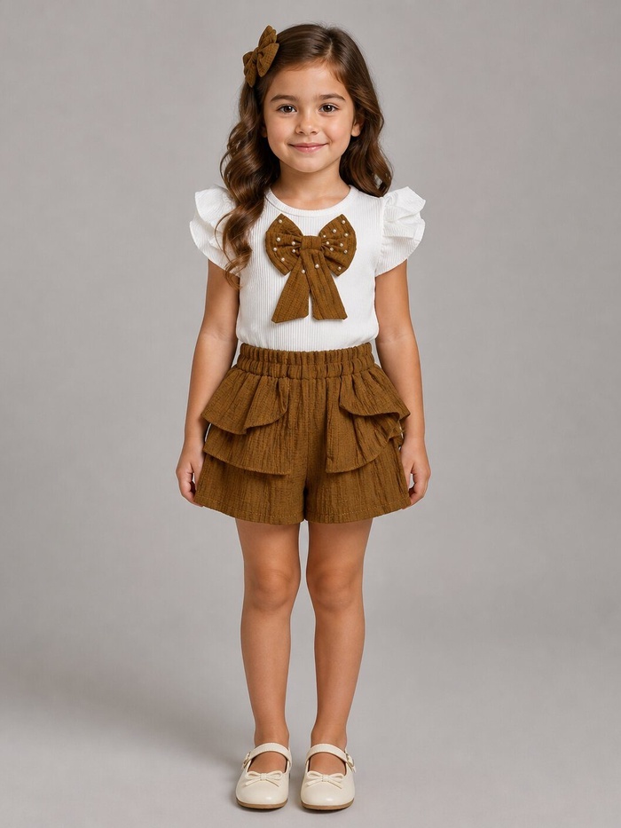 Bow Golden Brown Shorts Set - Girl (Ruffle Shorts)
