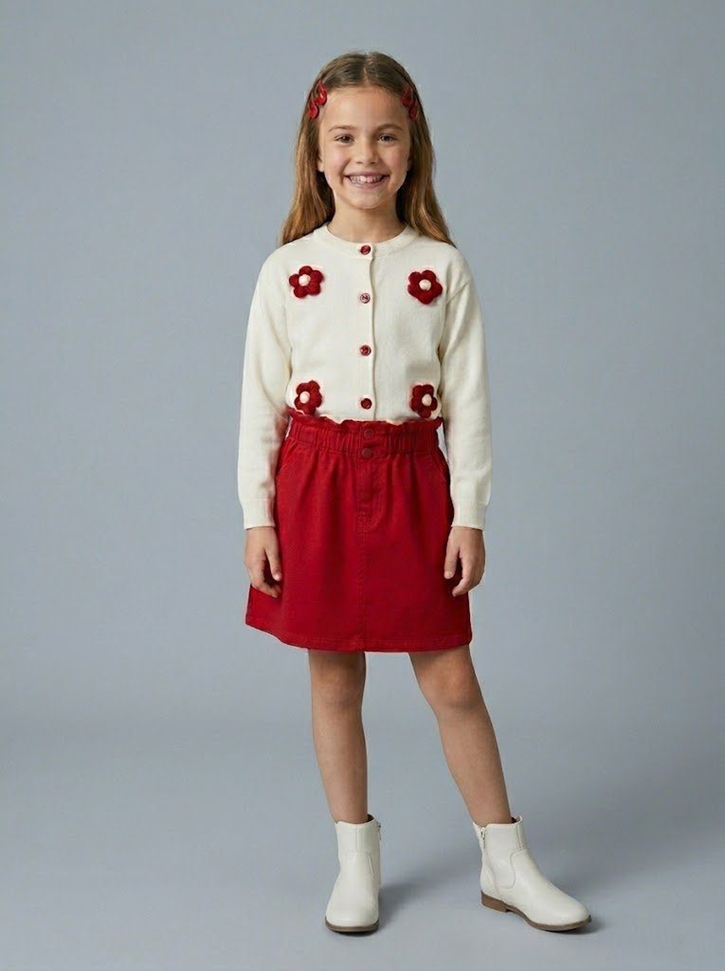 3D Flower Cardigan Set White - Girl (Red Skirt)