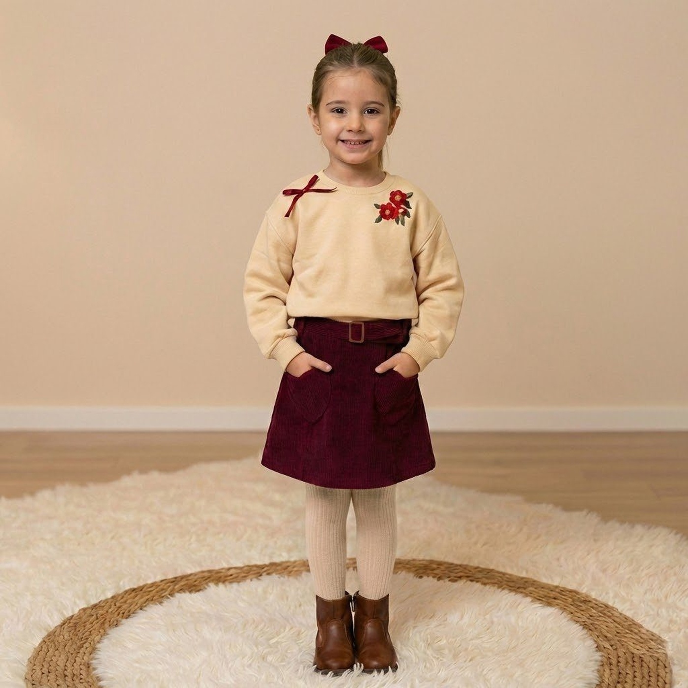 Rose Ribbon Set Cream & Maroon - Girl (Heart Pockets)
