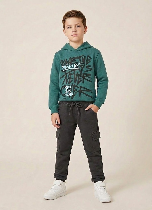 Typography Green Hoodie - Boy (Dark Grey Pants)