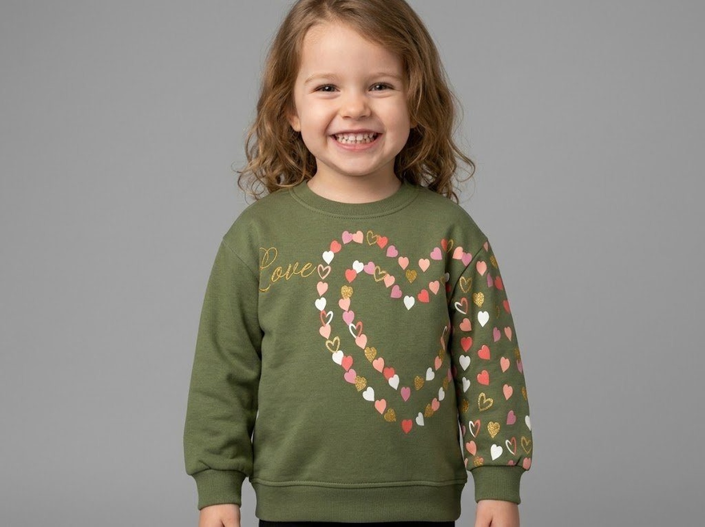 Love Heart Sweatshirt Olive Green - Girl (Single Patterned Sleeve)