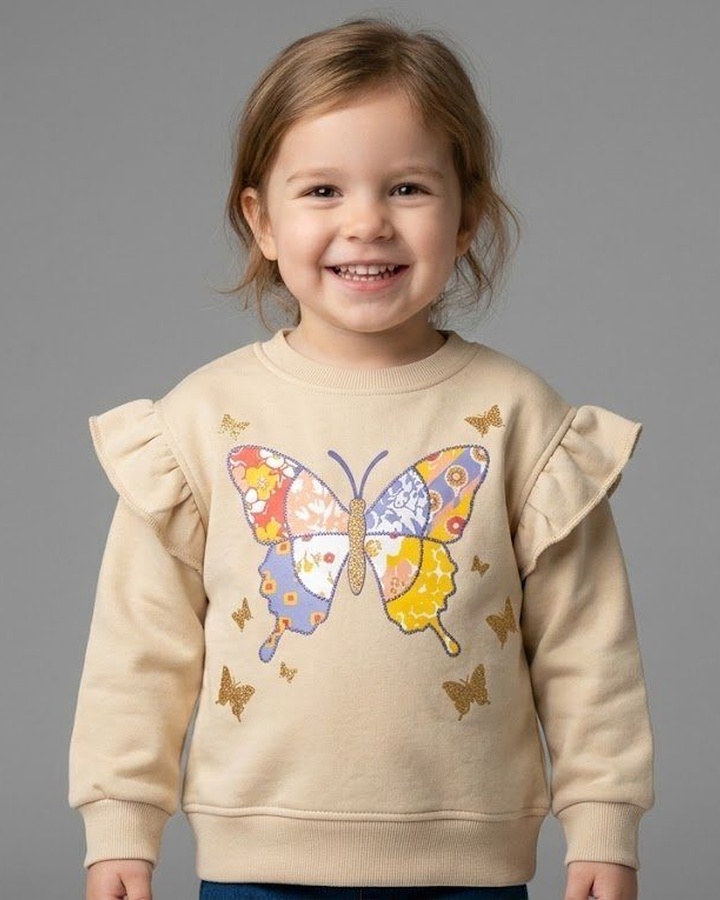 Butterfly Sweatshirt Beige - Girl (Patchwork Art Style)