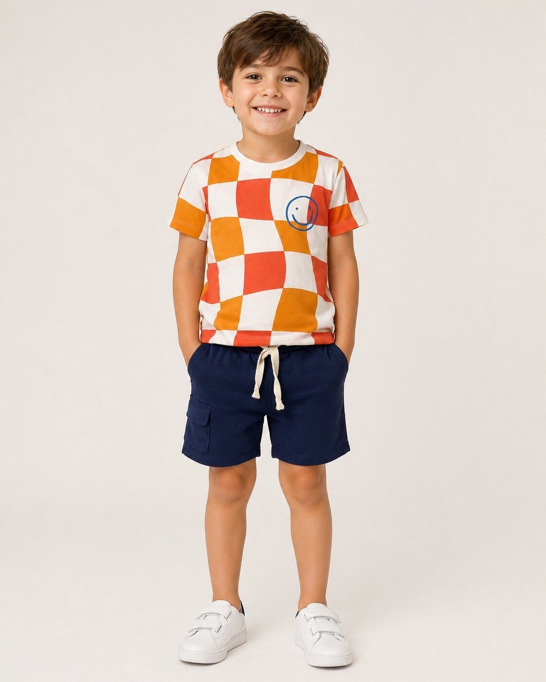 Checkered Orange Shorts Set - Boy (Navy Shorts)-10