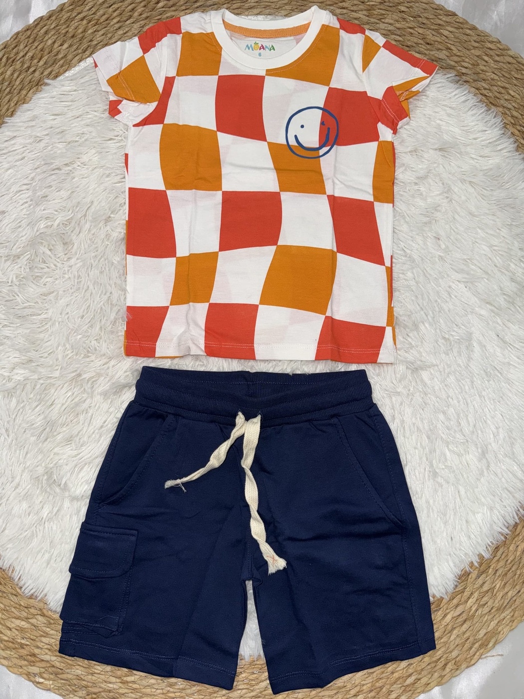 Checkered Orange Shorts Set - Boy (Navy Shorts)-10