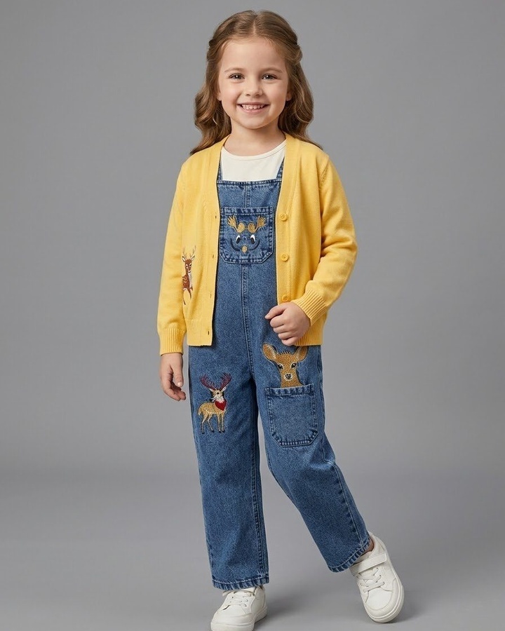 Deer Cardigan Dungaree Set Yellow - Girl (Embroidered Denim Overalls)