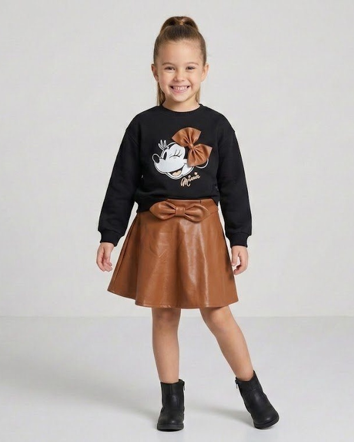 Minnie Leather Bow Set Black - Girl (Brown Leather Skirt)