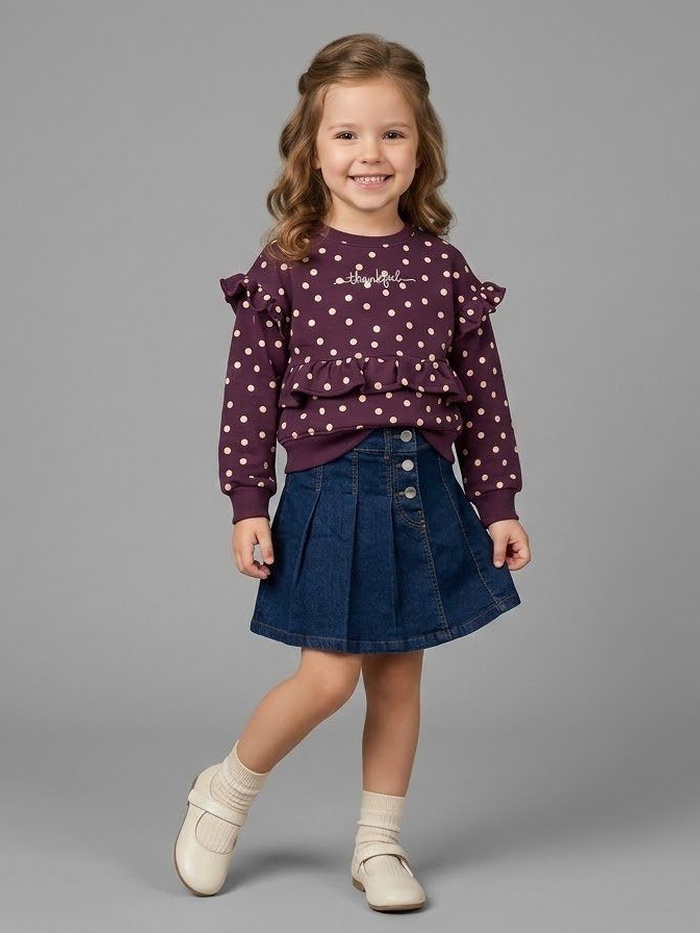 Thankful Polka Dot Set Maroon - Girl (Button Denim Skirt)