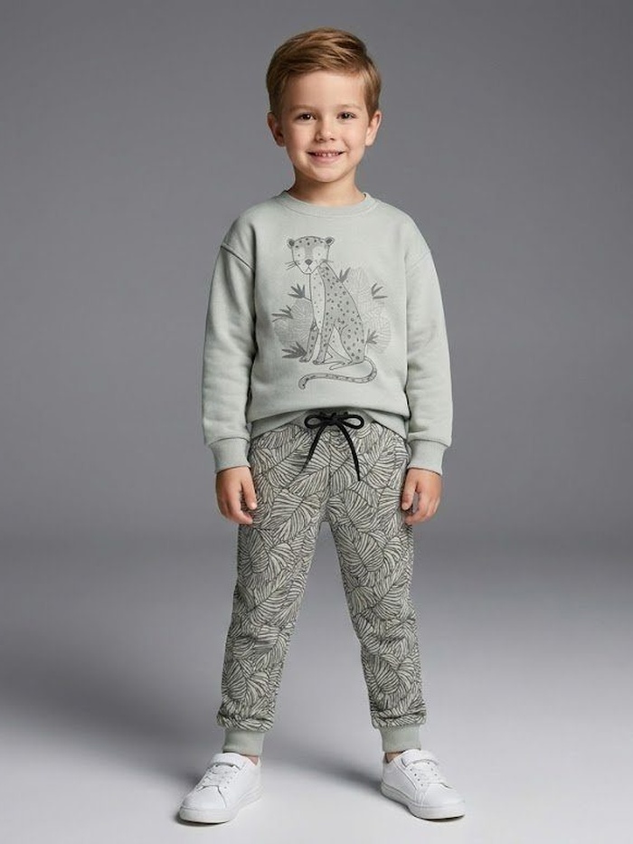 Grey Leopard Set - Boy (Leaf Print Pants)