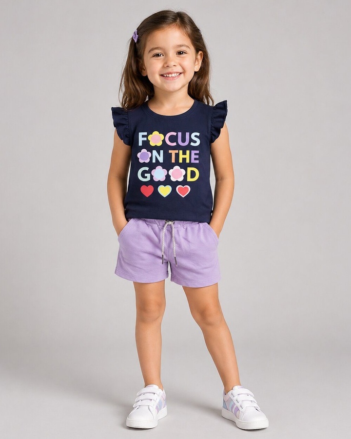 Focus Good Navy Shorts Set - Girl (Text Graphic)