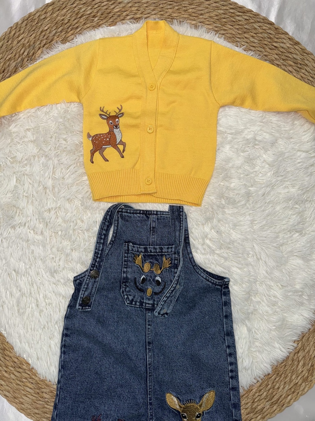 Deer Cardigan Dungaree Set Yellow - Girl (Embroidered Denim Overalls)