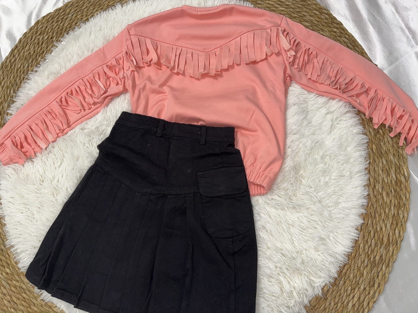 Happy Butterfly Fringe Set Peach - Girl (Black Pleated Skirt)