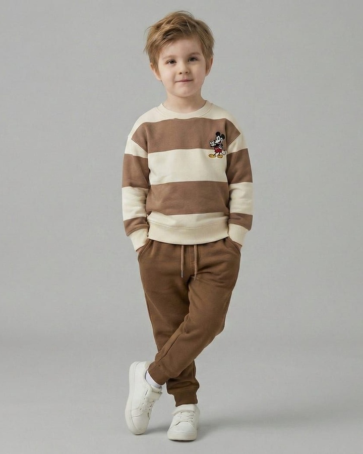 Mickey Mouse Striped Set Beige & Brown - For Boys (Small Chest Embroidery)