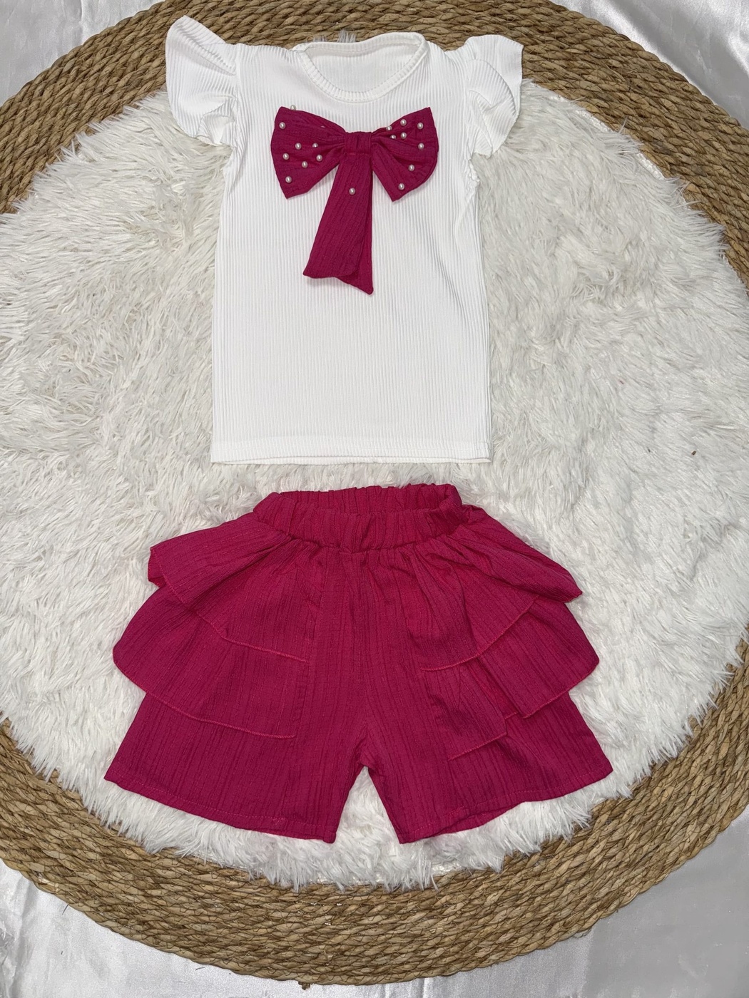 Bow Pink Shorts Set - Girl (Ruffle Shorts)-08