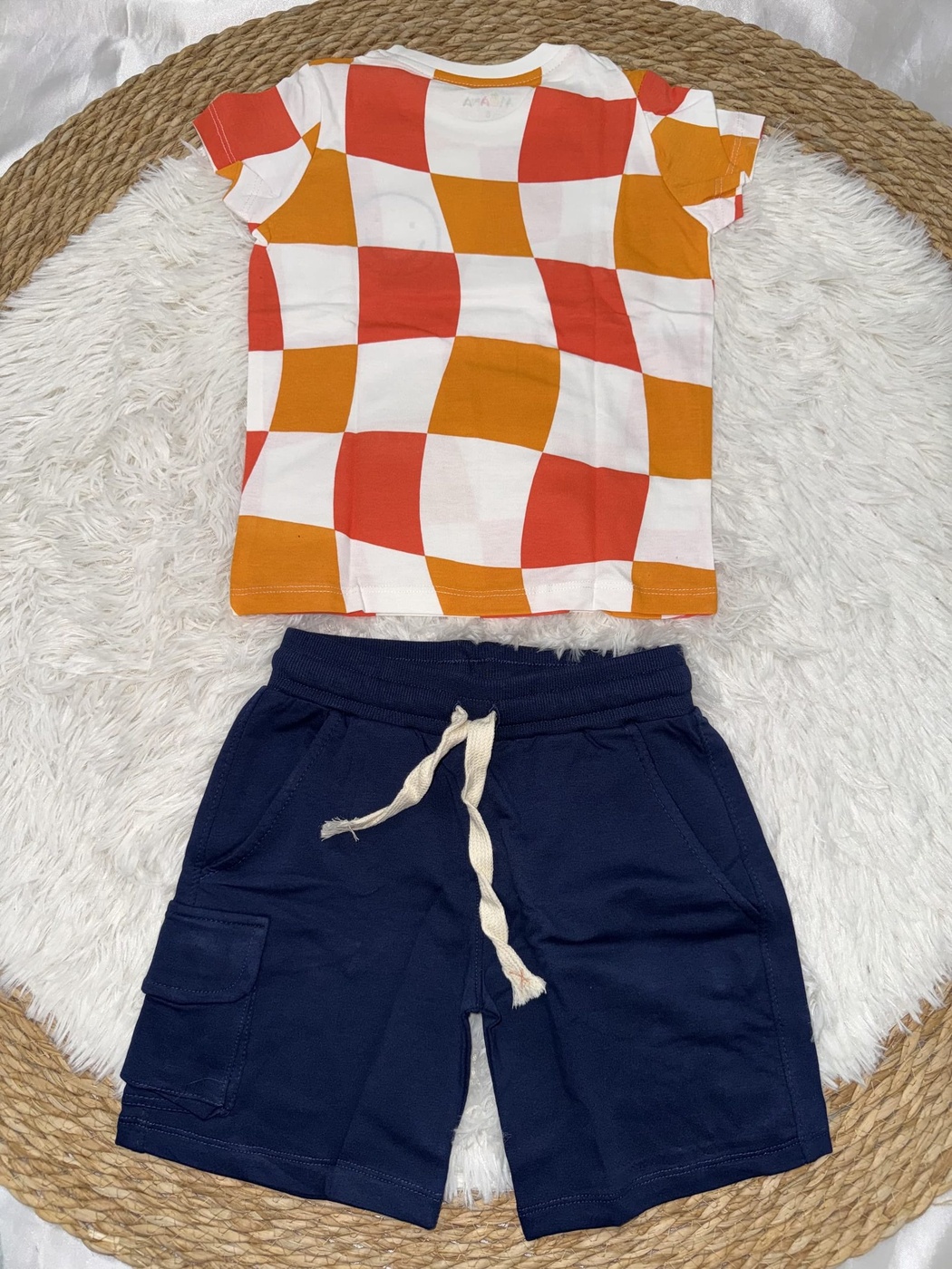 Checkered Orange Shorts Set - Boy (Navy Shorts)-10