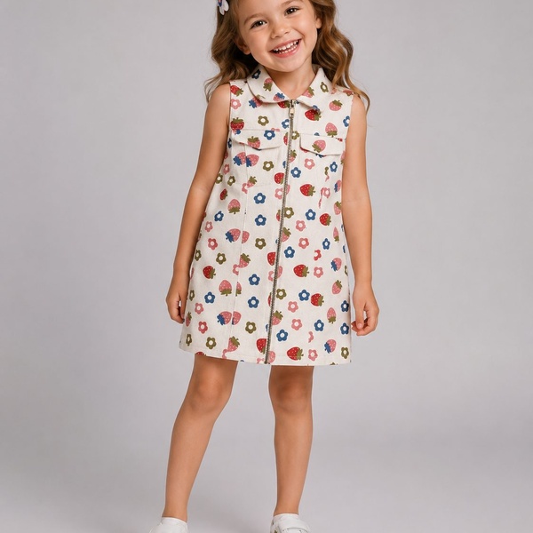 Colorful Motif White Dress - Girl (Collared)