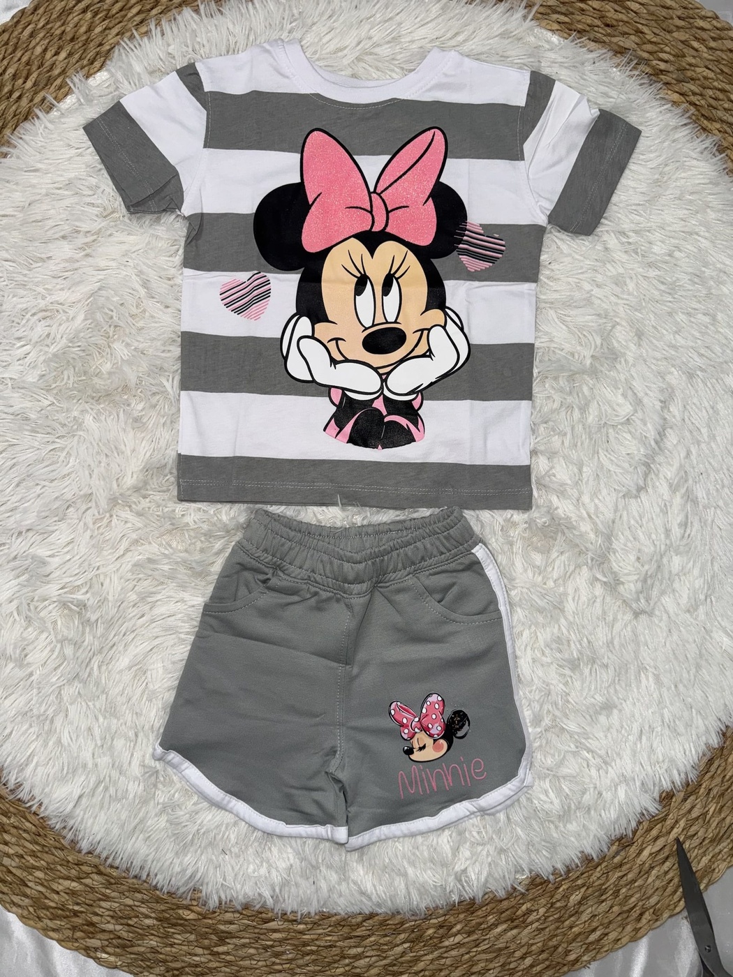 Minnie Mouse Gray Striped Shorts Set - Girl (Front Graphic)-06