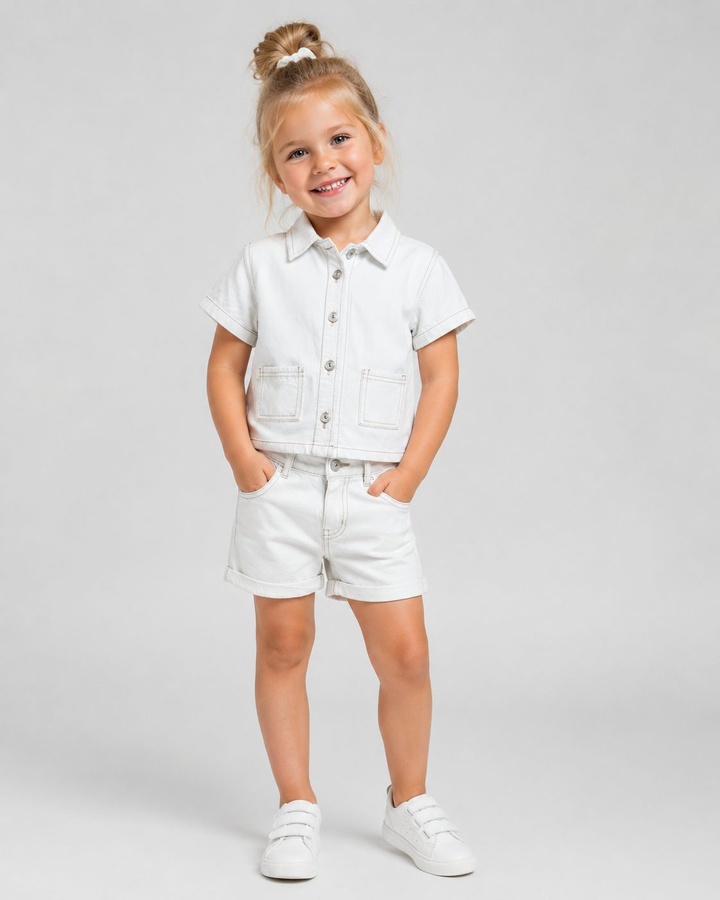 White Button Shorts Set - Girl (Patch Pockets)