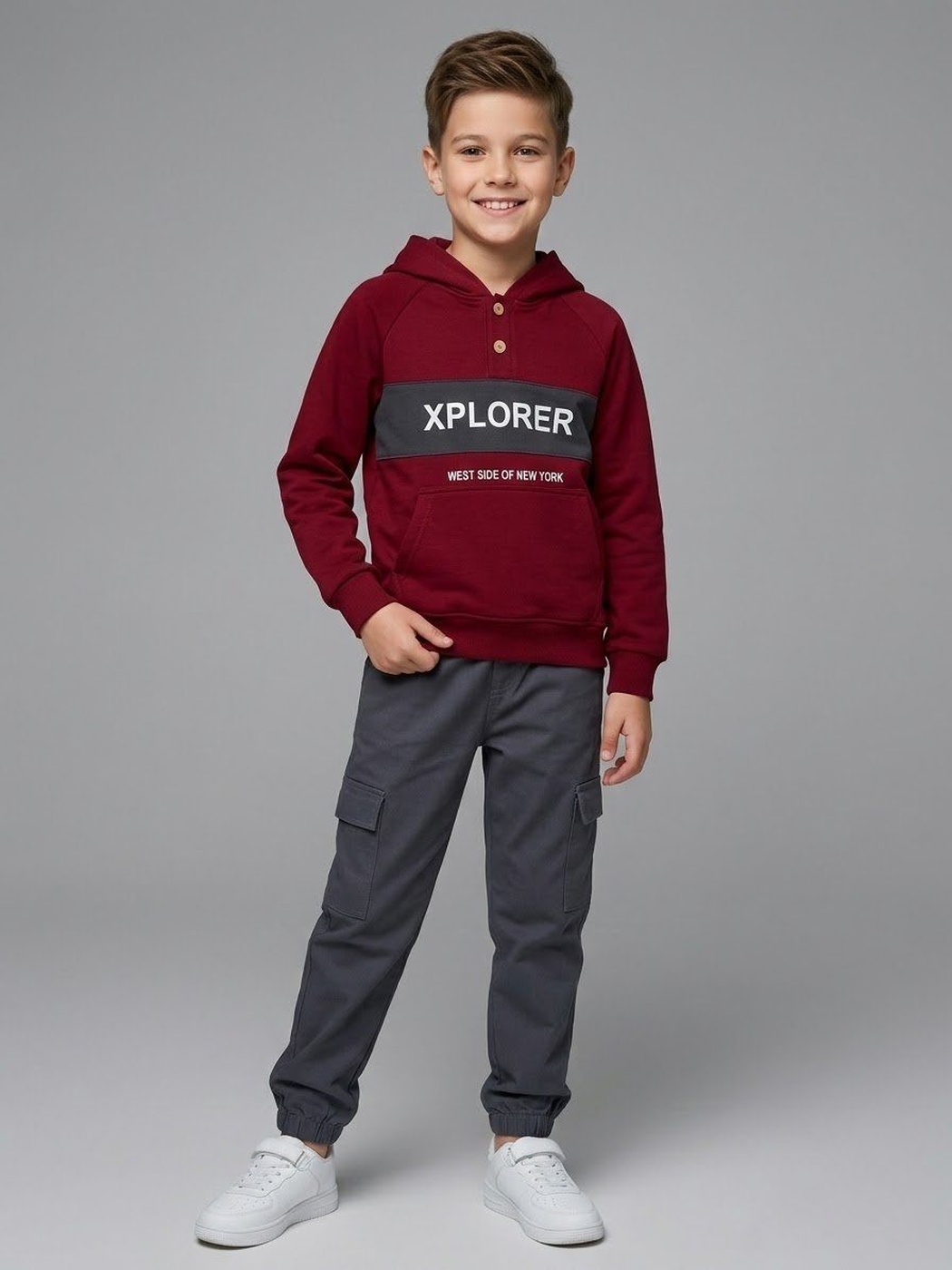 Xplorer Button Hoodie Set Maroon - Boy (Dark Grey Cargo Pants)