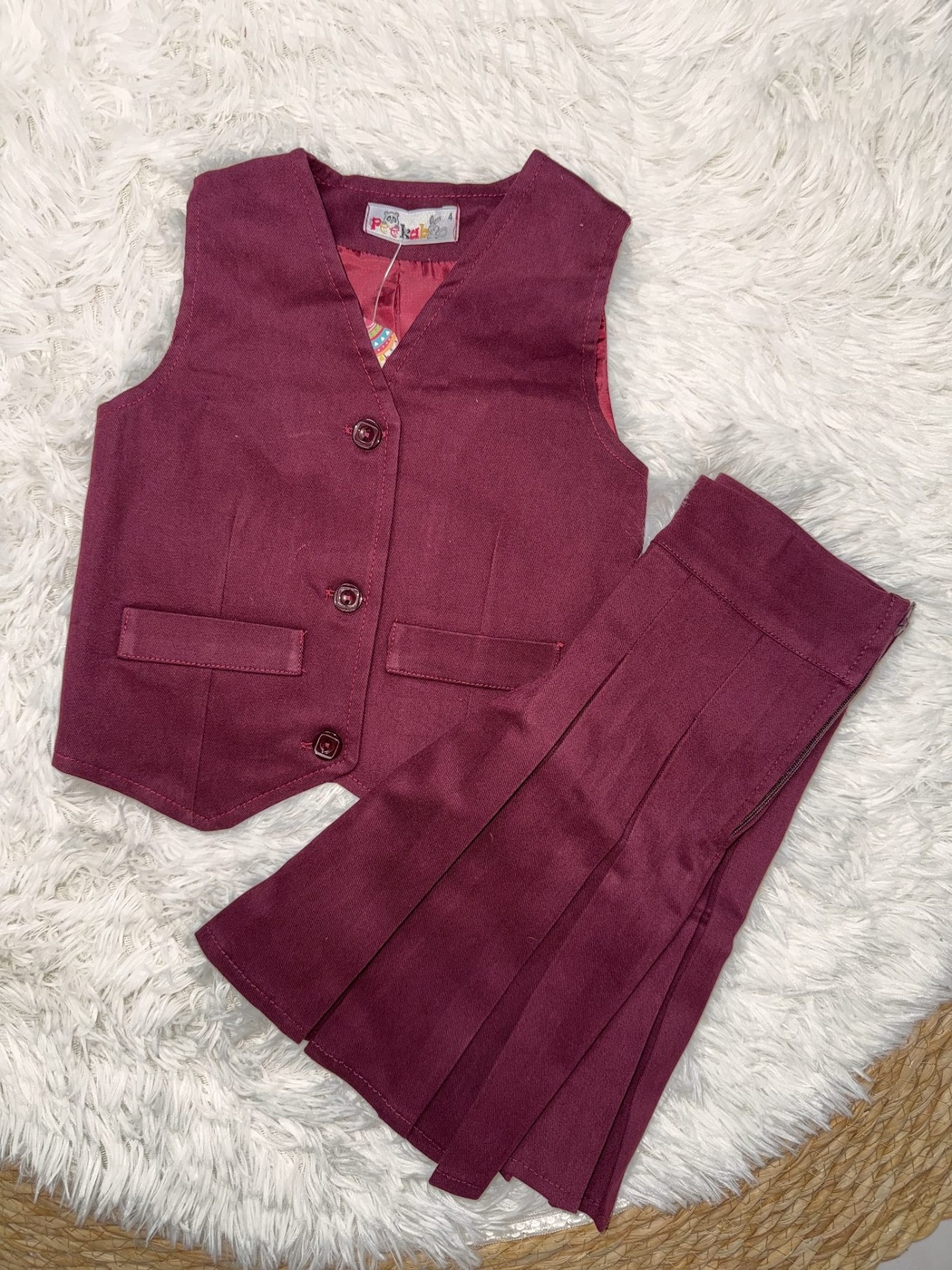 Peekaboo Burgundy Vest Set - Girl (Pleated Skirt)