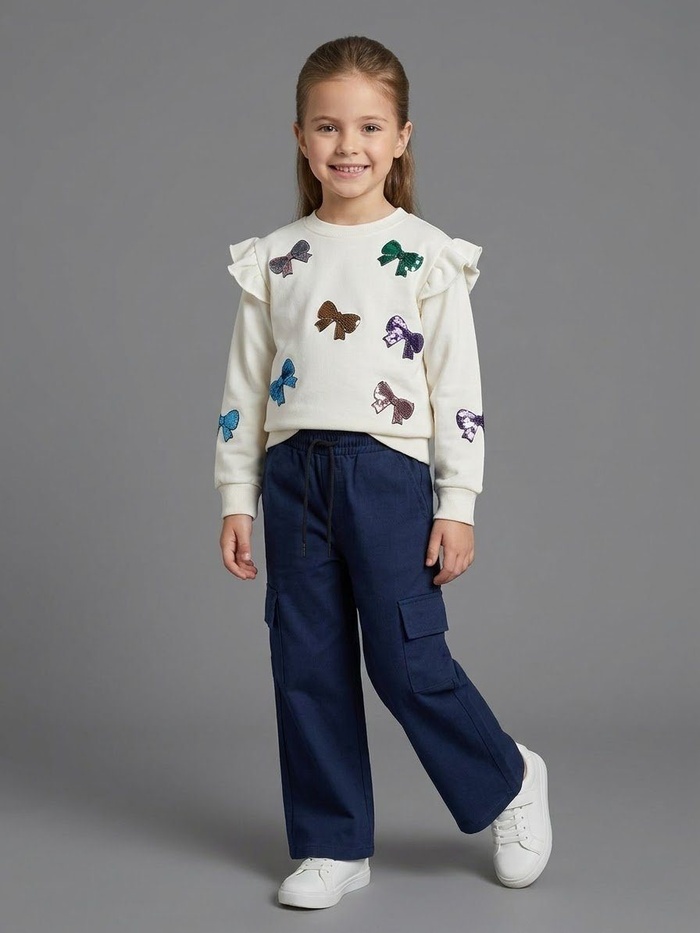 Sequin Bows Set White - Girl (Navy Cargo Pants)