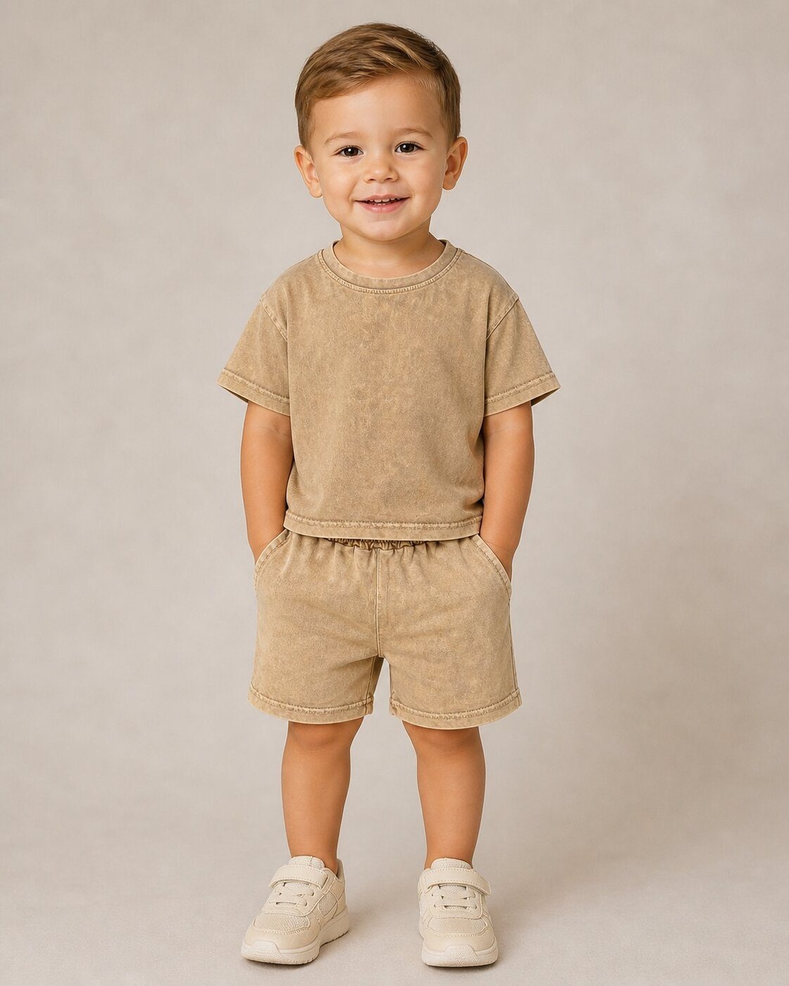 Washed Beige Shorts Set - Boy (Tonal Set)-24M