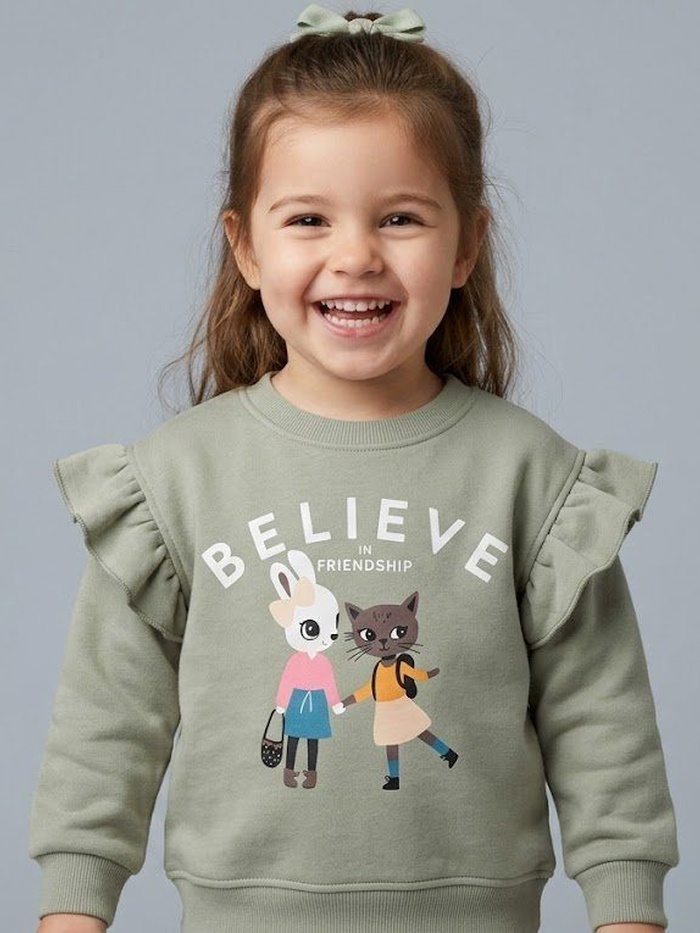 Friendship Sweatshirt Sage Green - Girl (Bunny & Cat)