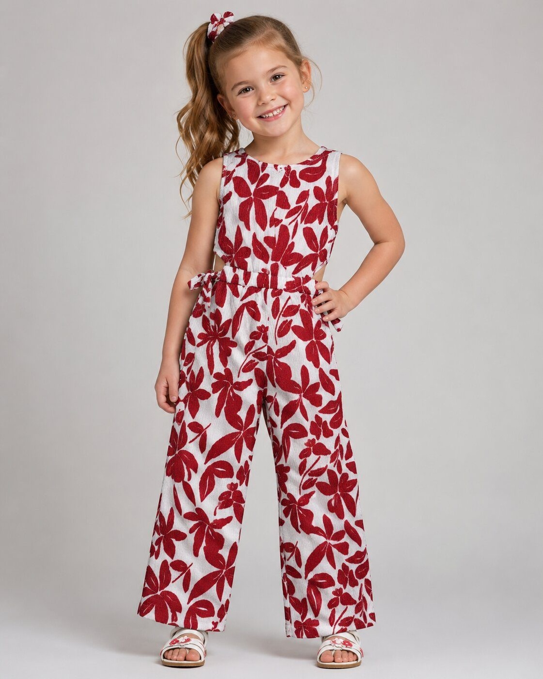 Red Floral Jumpsuit - Girl (Side Bows)-08