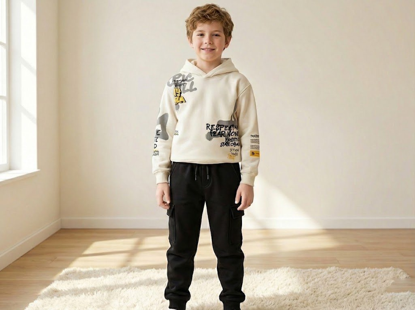 Graffiti White Hoodie - Boy (Black Cargo Pants)