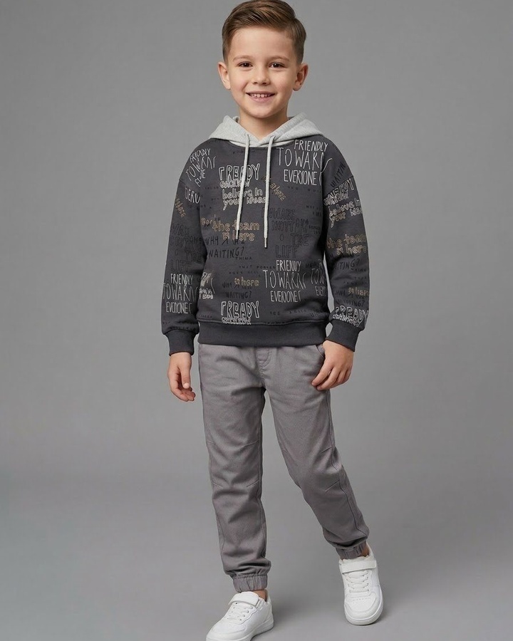 Friendly Text Hoodie Set Dark Grey - Boy (Light Grey Hood & Pants)