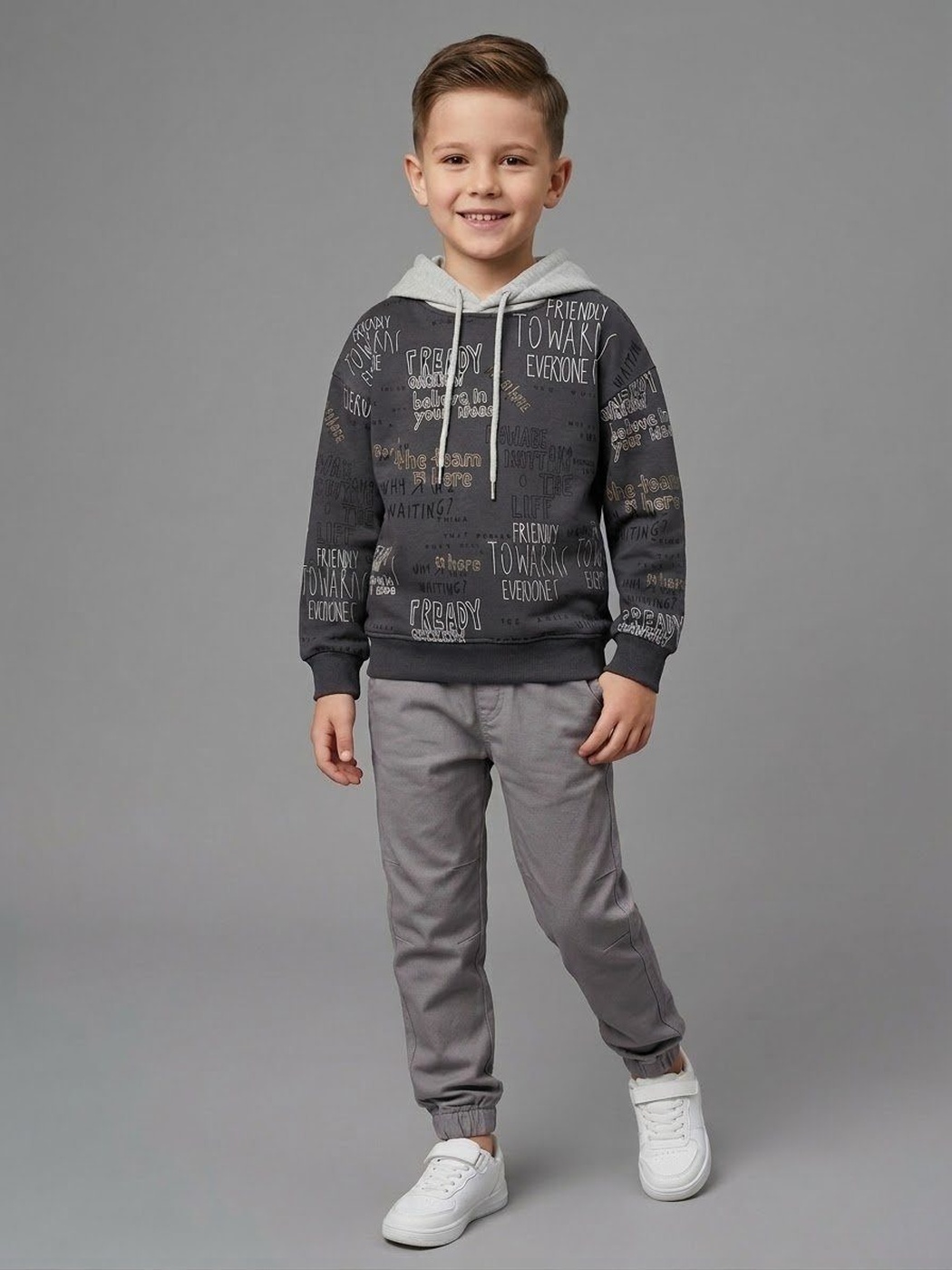Friendly Text Hoodie Set Dark Grey - Boy (Light Grey Hood & Pants)