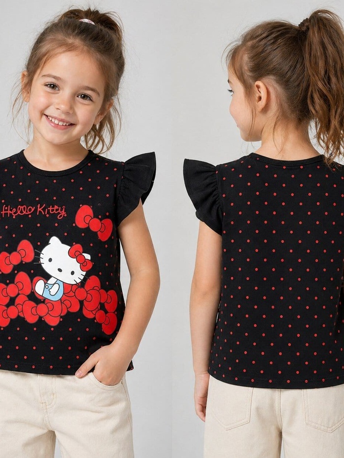 Hello Kitty Black Ruffle Sleeve Tee - Girl (Red Bow Graphic)