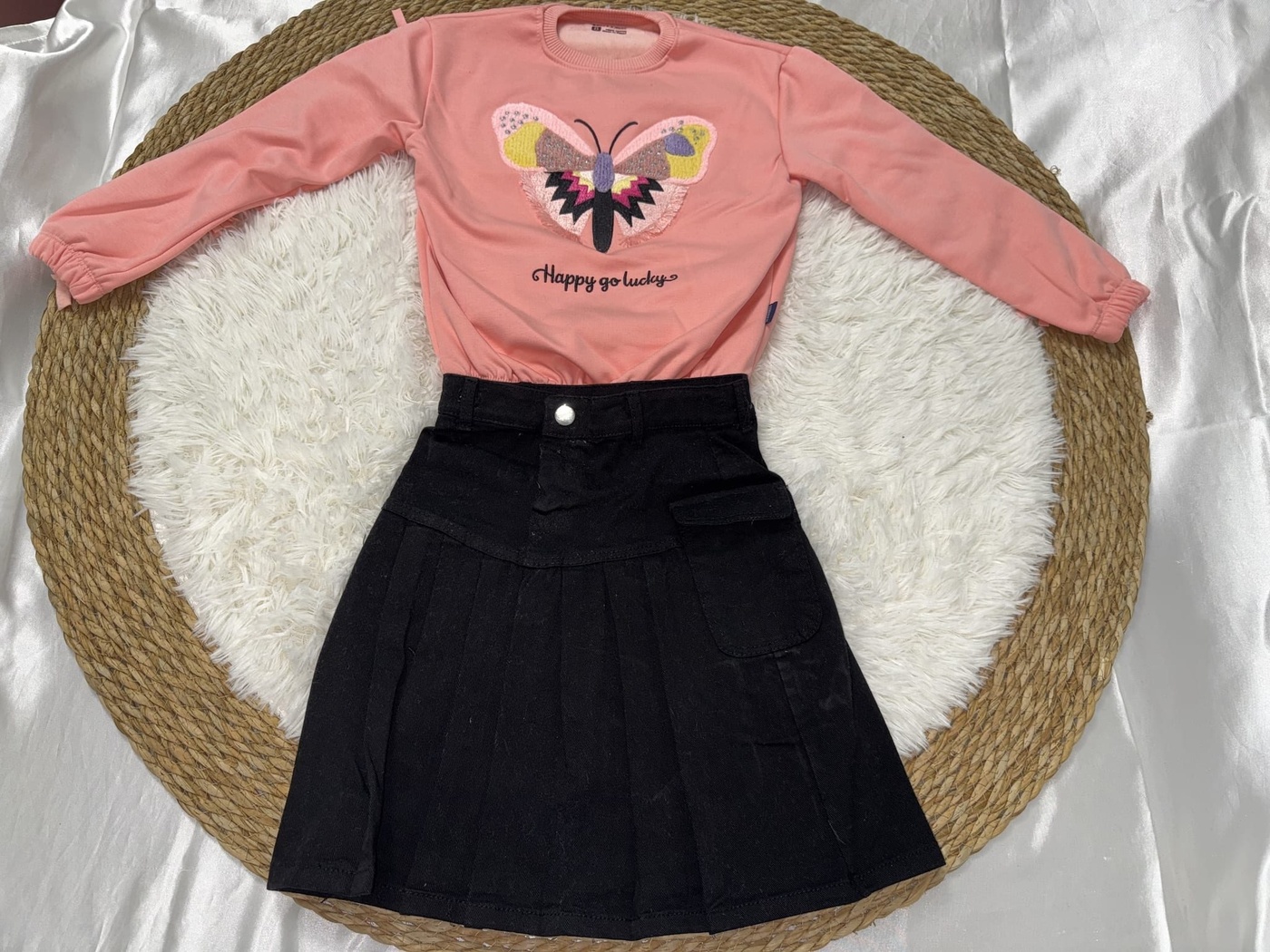 Happy Butterfly Fringe Set Peach - Girl (Black Pleated Skirt)