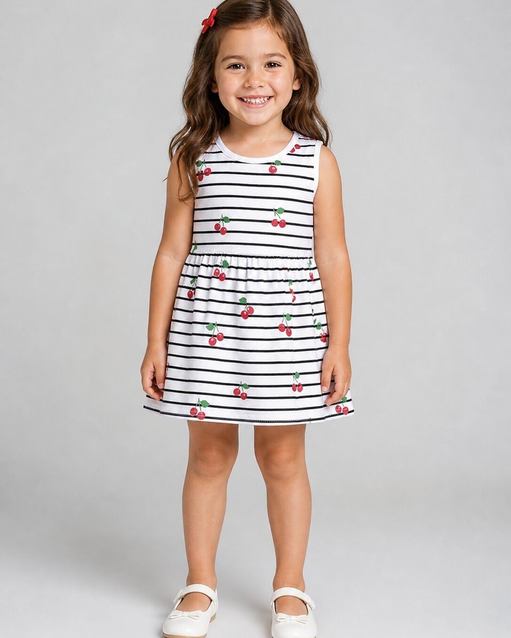 Brand Cherry Stripe White Dress - Girl (Cherry Pattern)