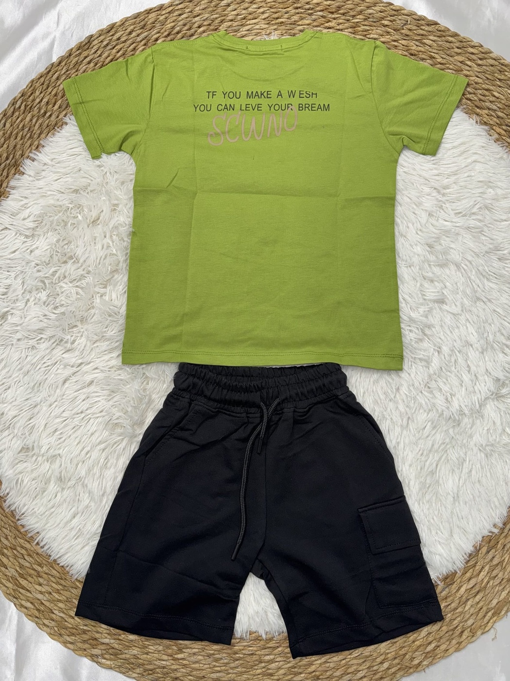 Text Graphic Green Tee Set - Boy (Black Cargo Shorts)-12