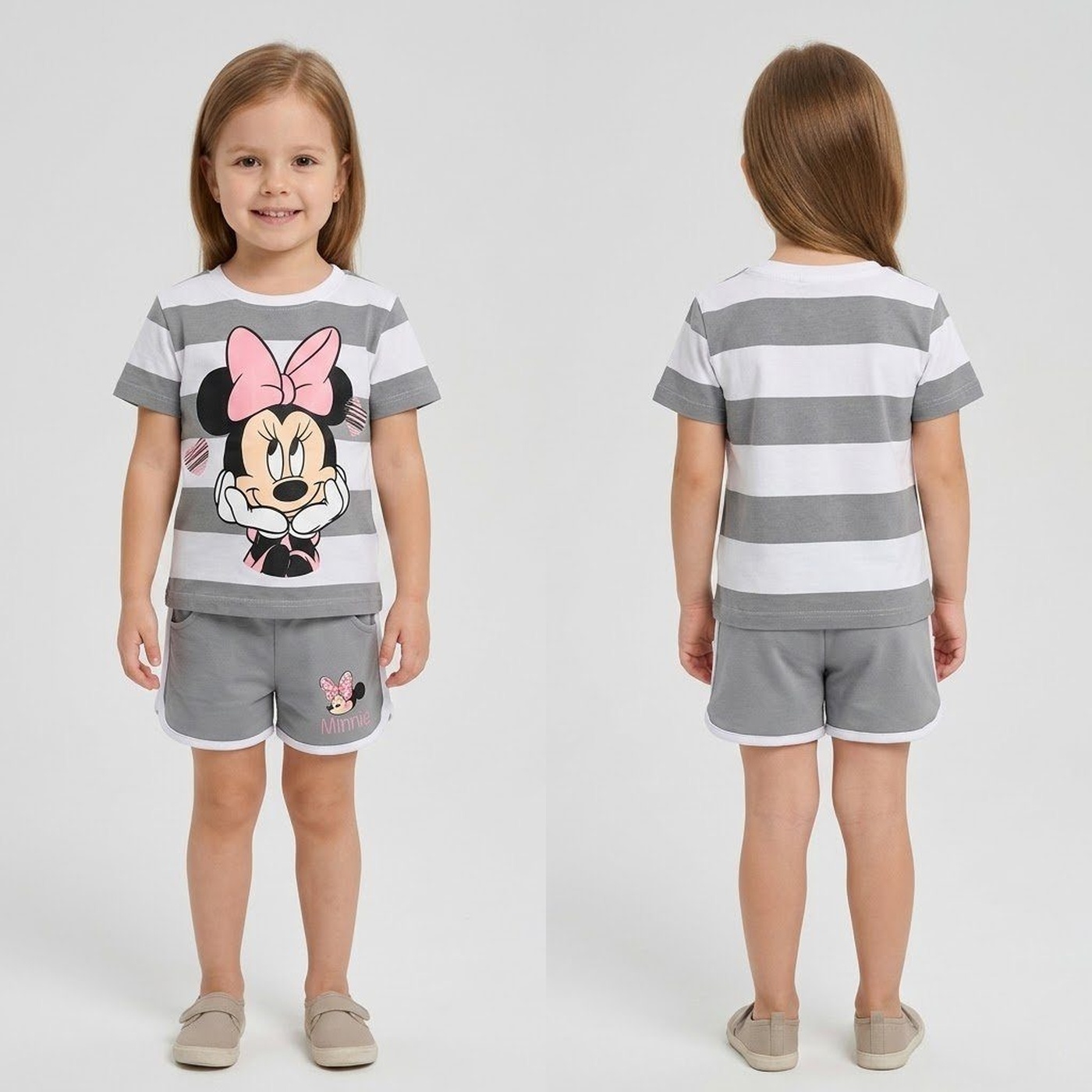 Minnie Mouse Gray Striped Shorts Set - Girl (Front Graphic)-06