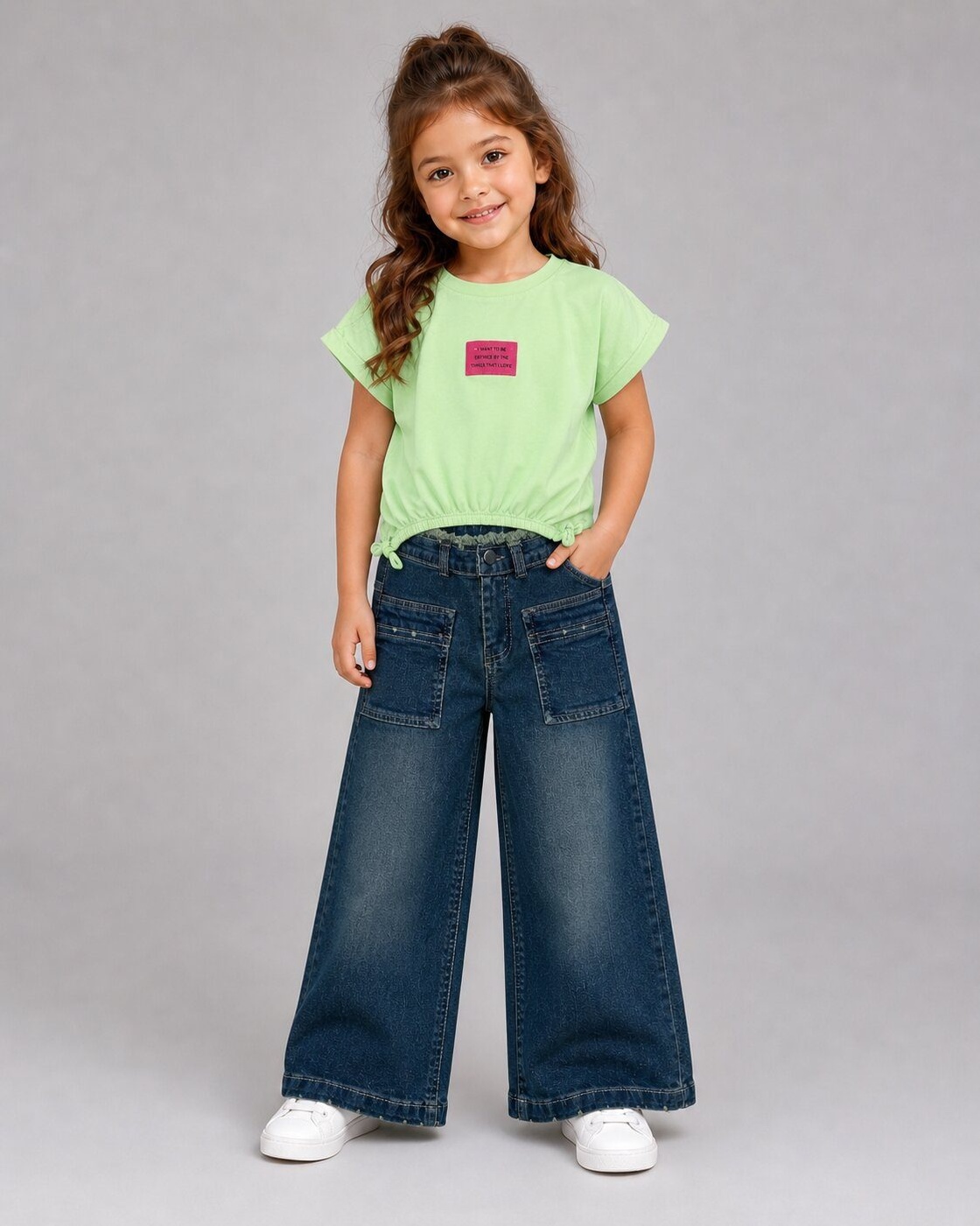 Green Wide-Leg Jeans Set - Girl (Side Bows)-08