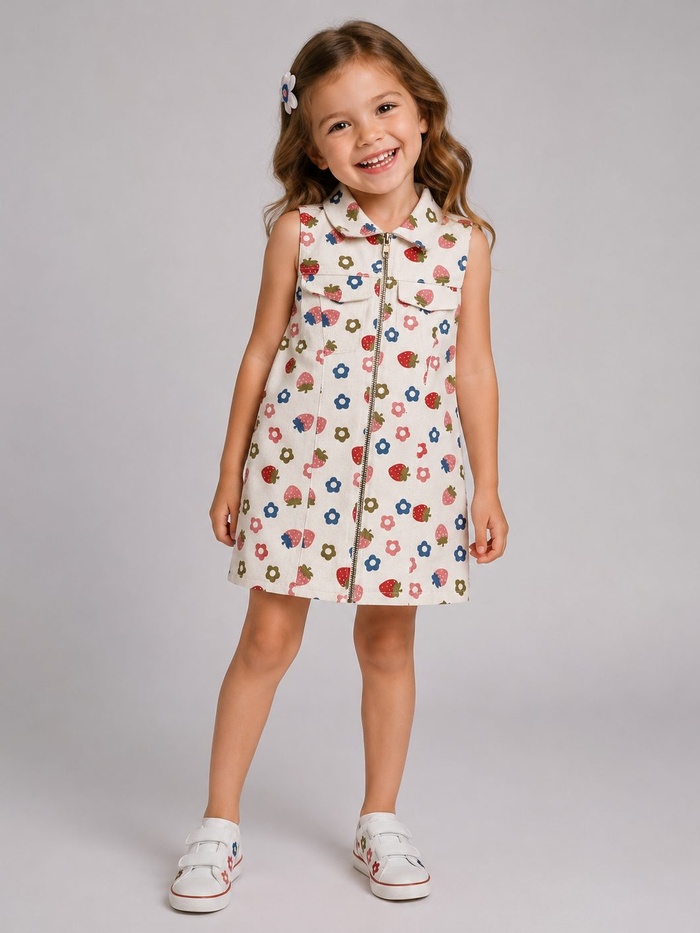 Colorful Motif White Dress - Girl (Collared)