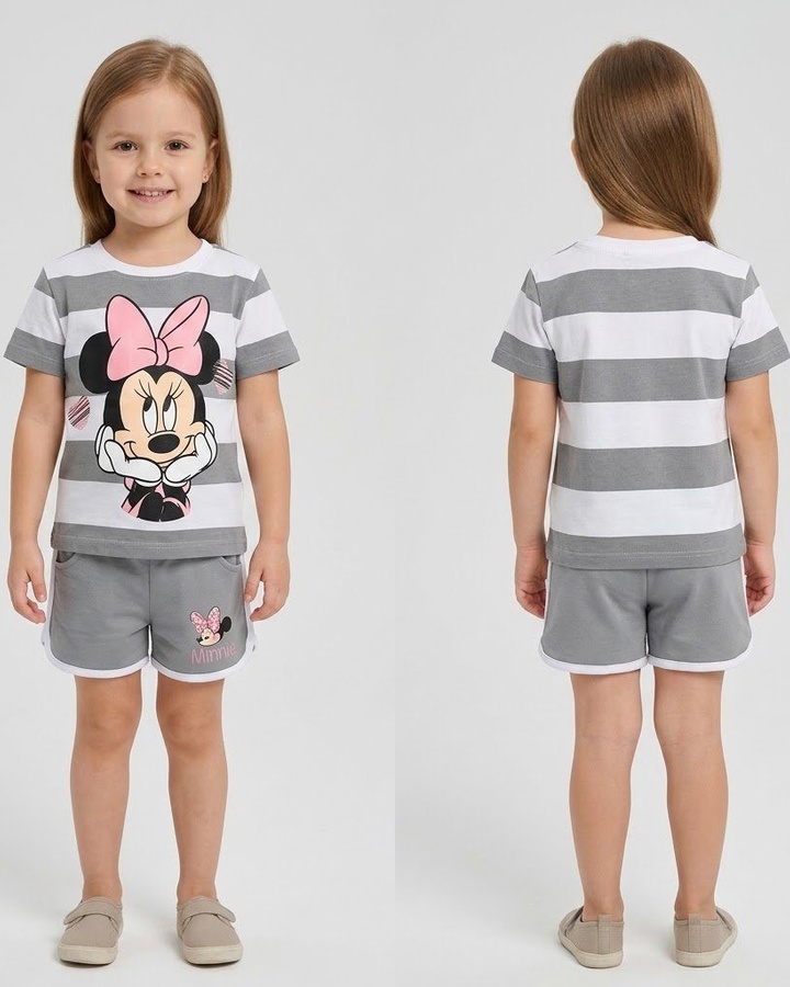 Minnie Mouse Gray Striped Shorts Set - Girl (Front Graphic)