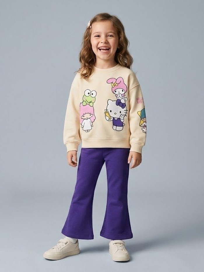 Sanrio Hello Kitty Set Cream & Purple - For Girls (Flared Pants)