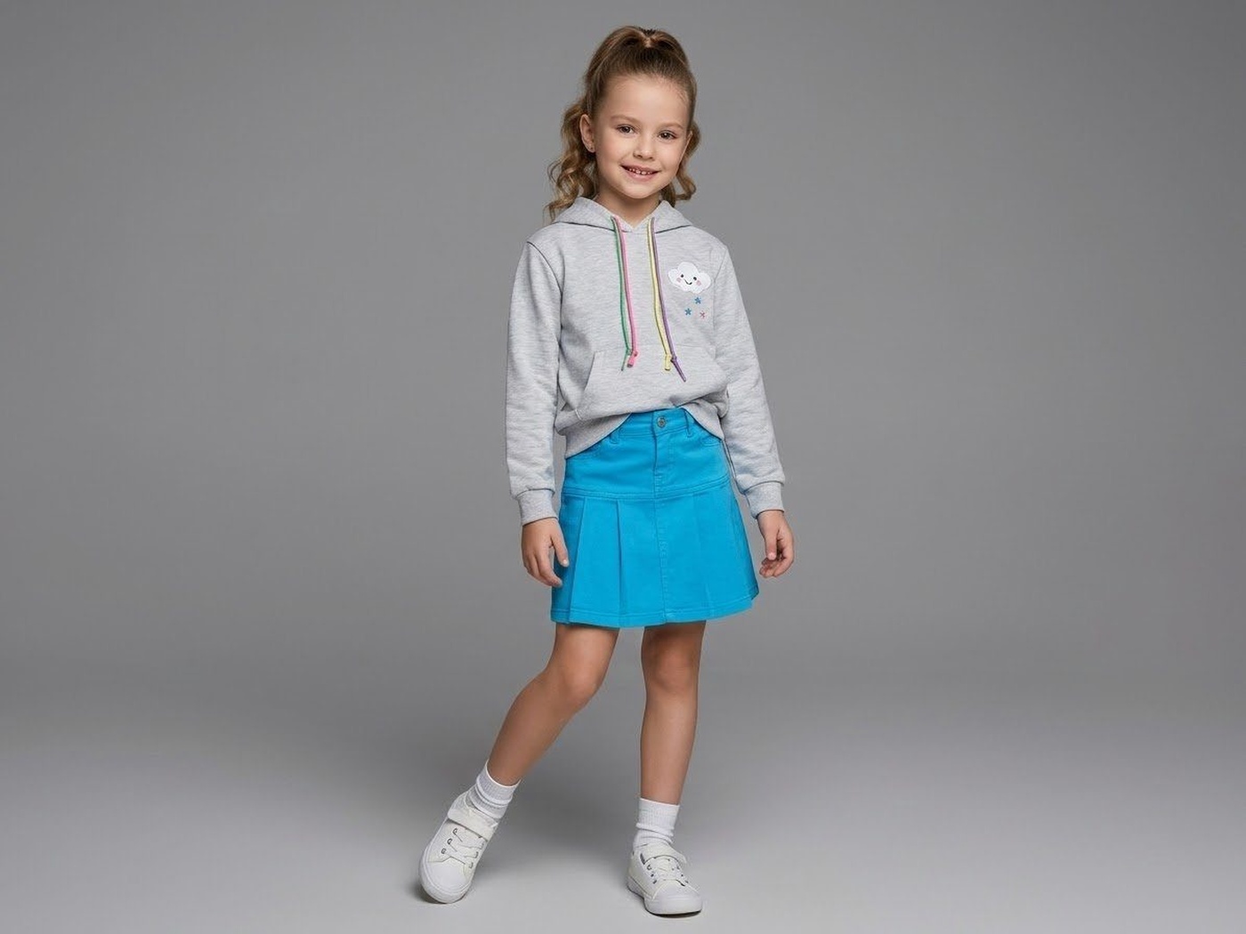 Rainbow Cloud Fringe Hoodie Set Grey - Girl (Blue Denim Skirt)