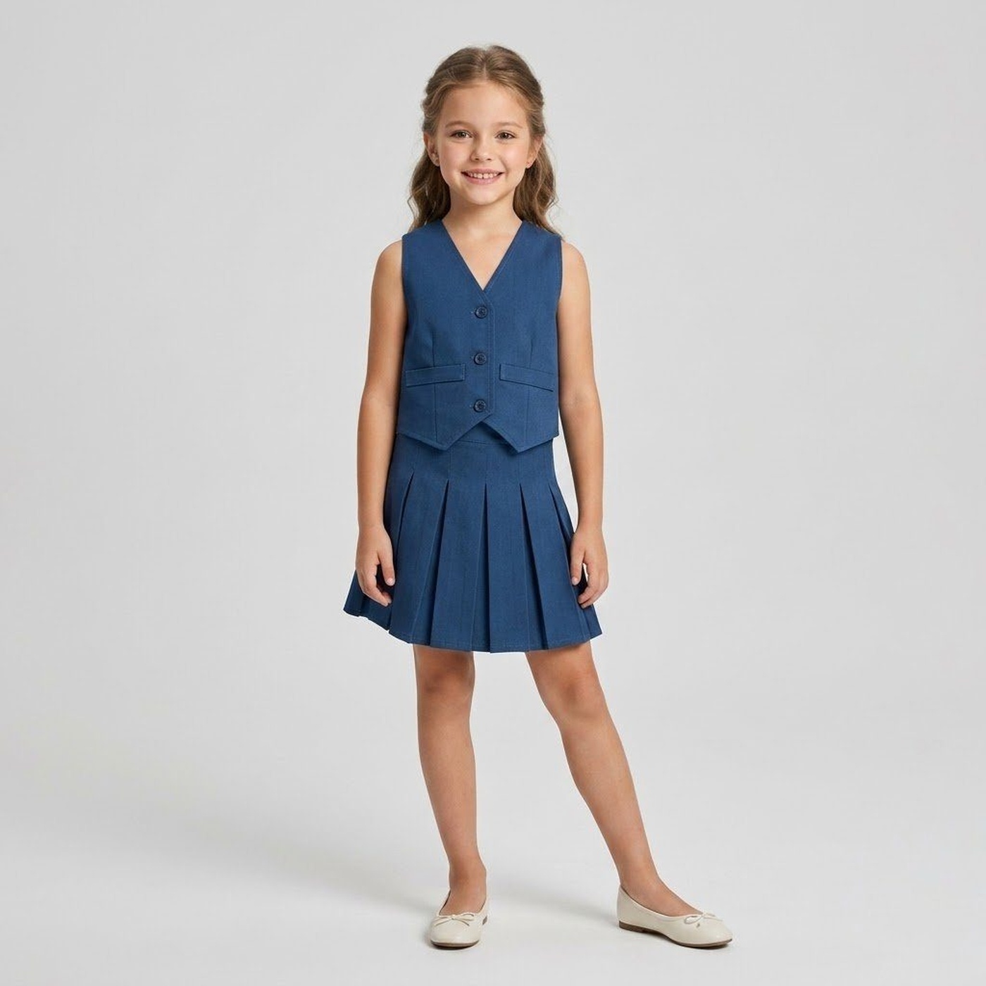 Peekaboo Blue Vest Set - Girl (Pleated Skirt)