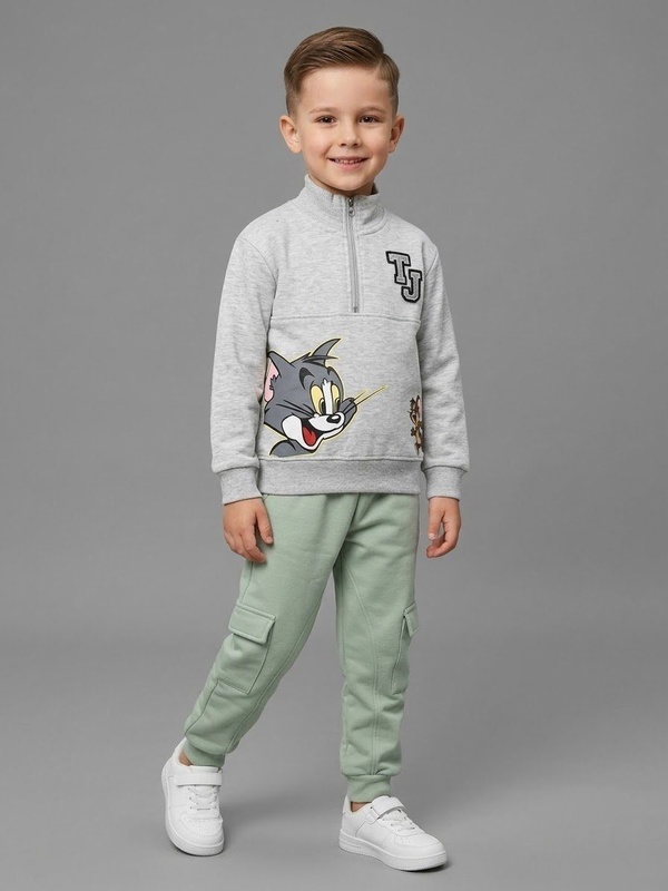 Tom & Jerry Half Zip Set Grey - Boy (Mint Green Cargo Pants)