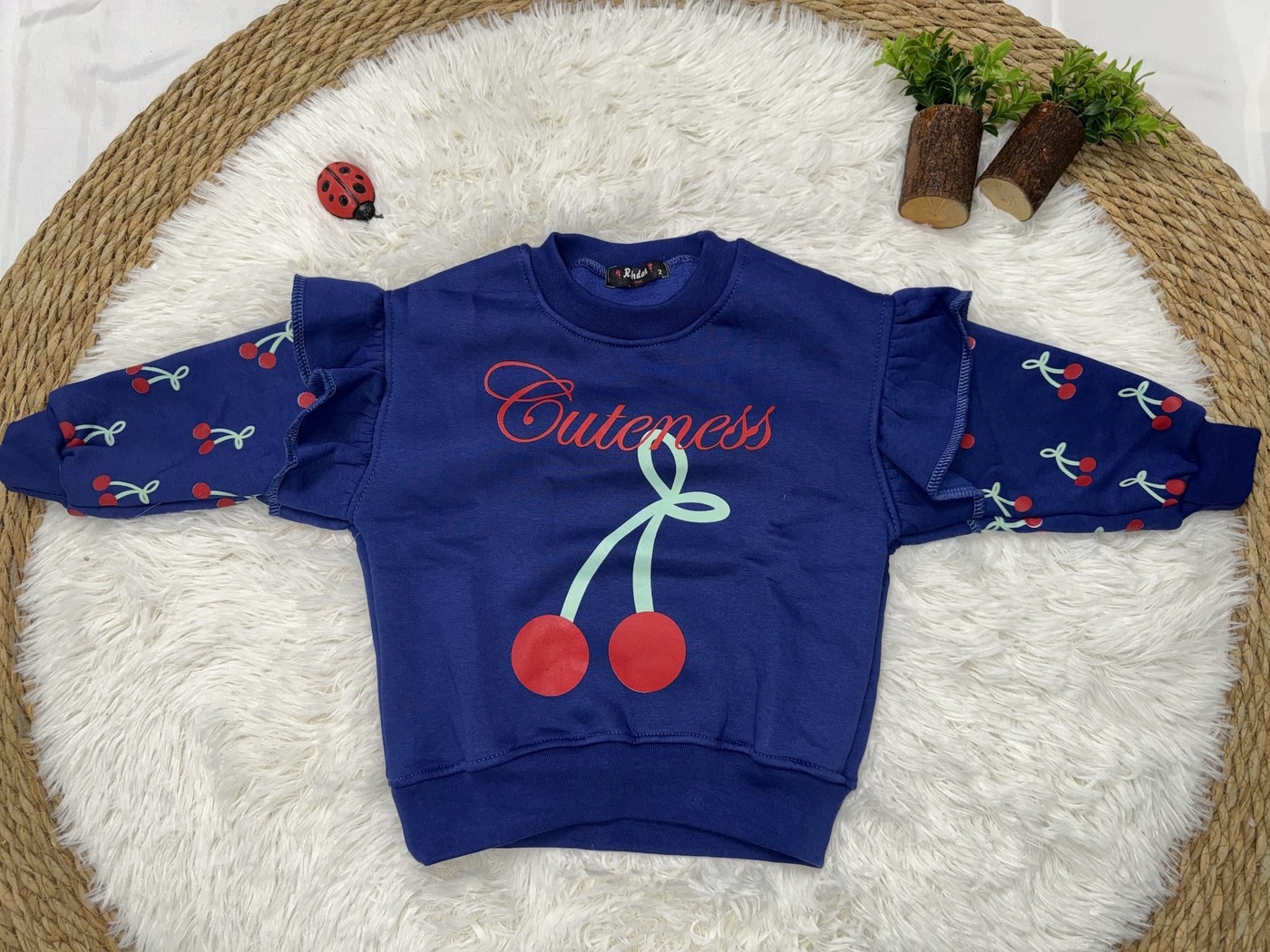 Cherry Cuteness Sweatshirt Navy Blue - Girl (Patterned Ruffle Sleeves)