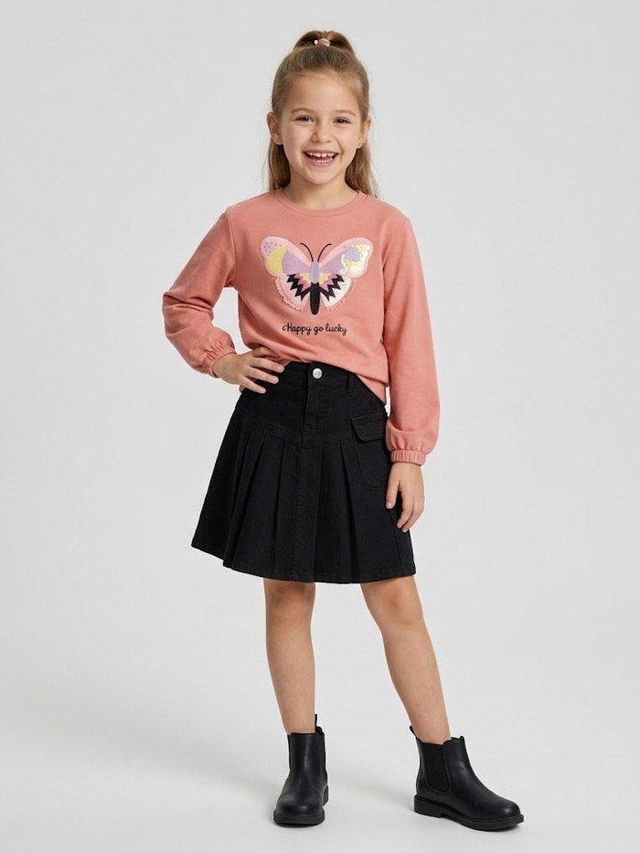 Happy Butterfly Fringe Set Peach - Girl (Black Pleated Skirt)