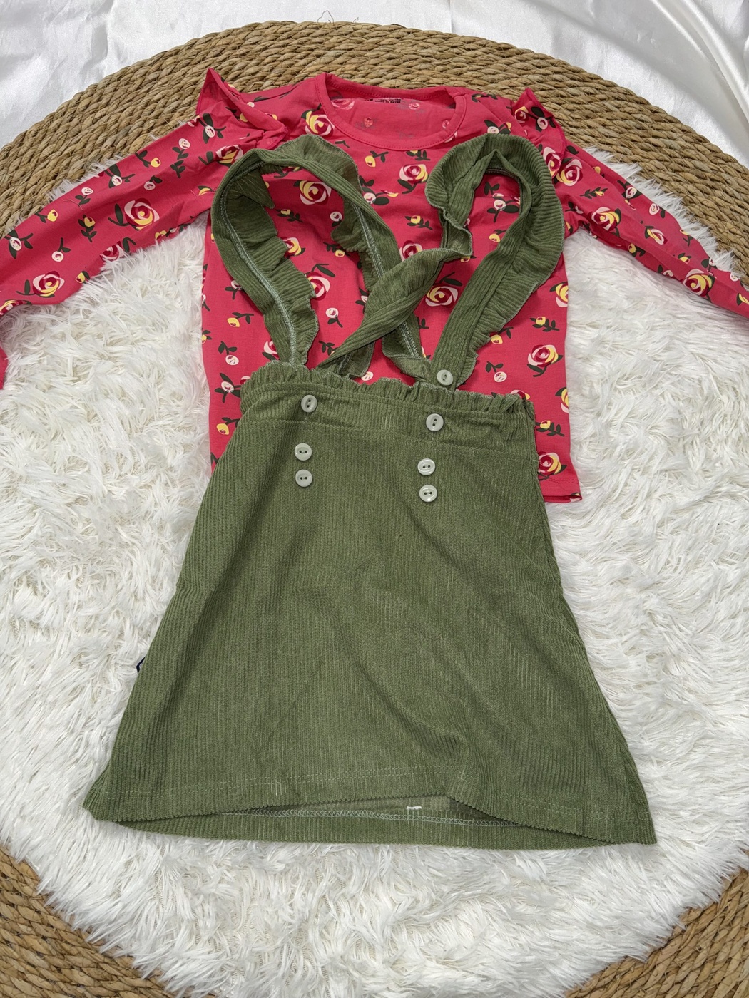 Rose Suspender Set Red - Girl (Olive Corduroy Bottom)